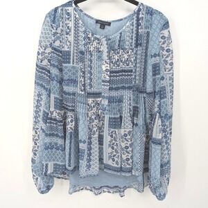 Tommy Hilfiger Blouse Womens Large Blue Patchwork Peplum Pleated Chiffon Top